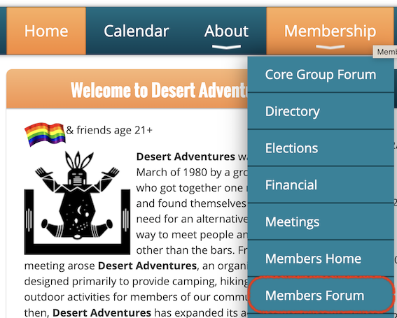 Screenshot showing menu 'Membership' and 'Members forum'